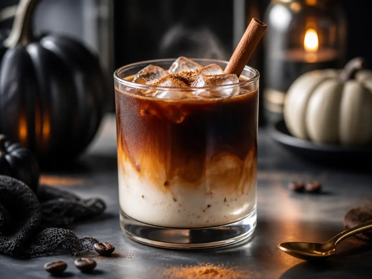 Tall glass showing distinct dark coffee and pale milk layers over ice, a straw resting on top