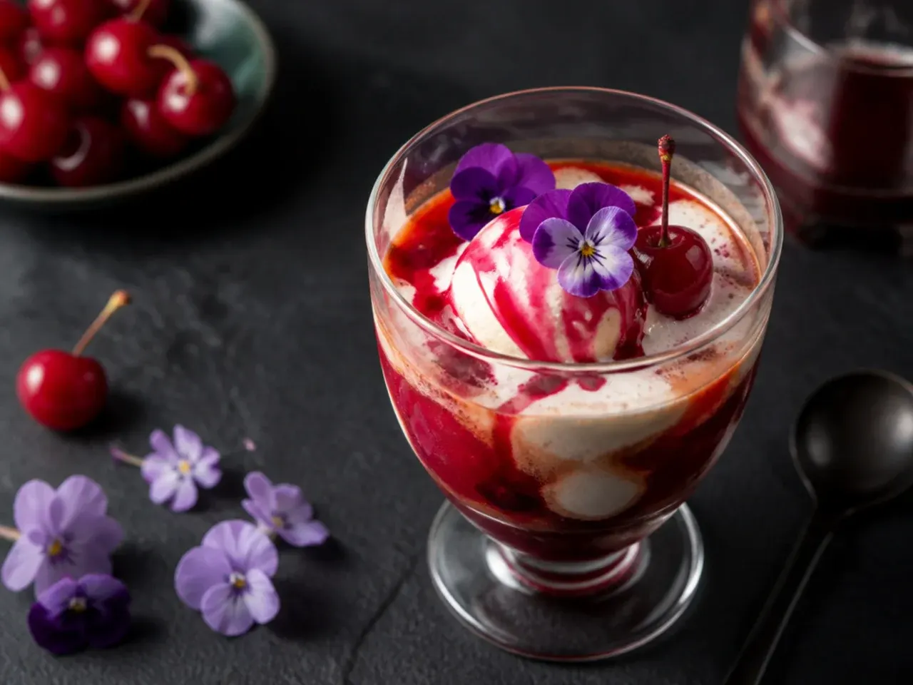 Affogato with vanilla ice cream melting under hot espresso, drizzled with dark syrup in a small glass