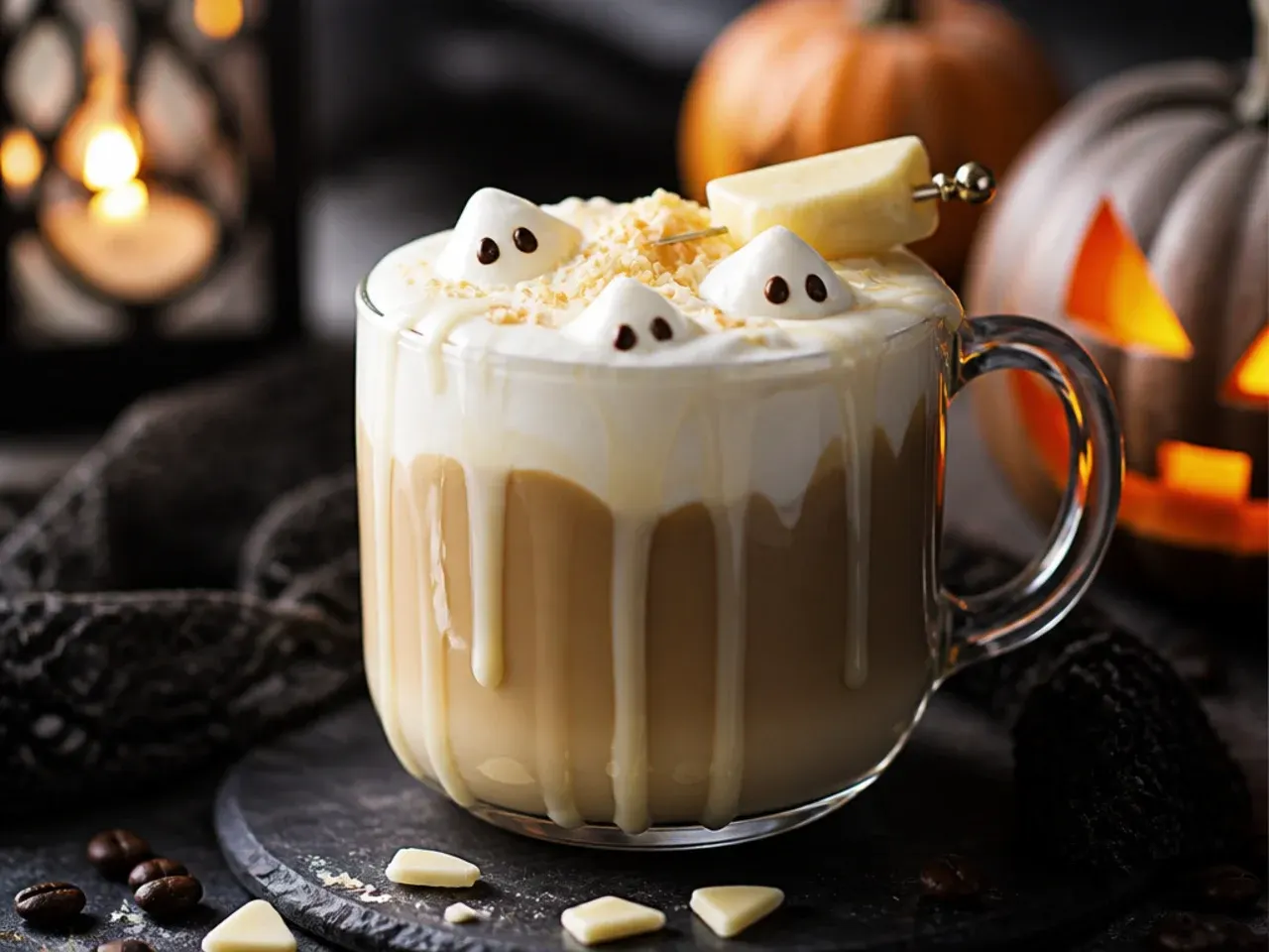 White chocolate mocha topped with a ghost-shaped whipped cream swirl and chocolate chip eyes