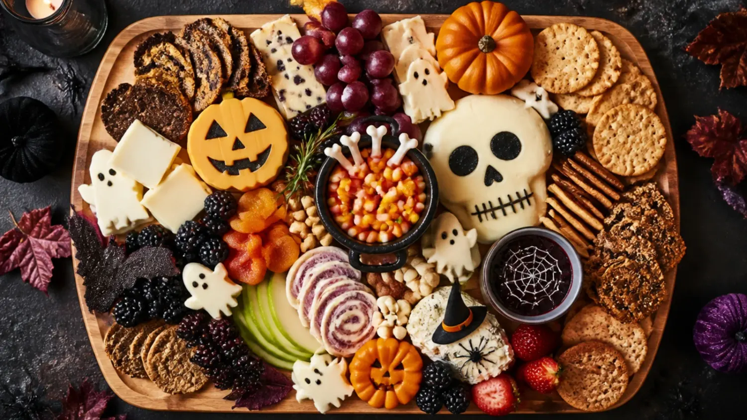 An overhead shot of a wooden board loaded with Halloween treats including chocolate-dipped pretzels, candy corn, mini donuts and caramel apple slices