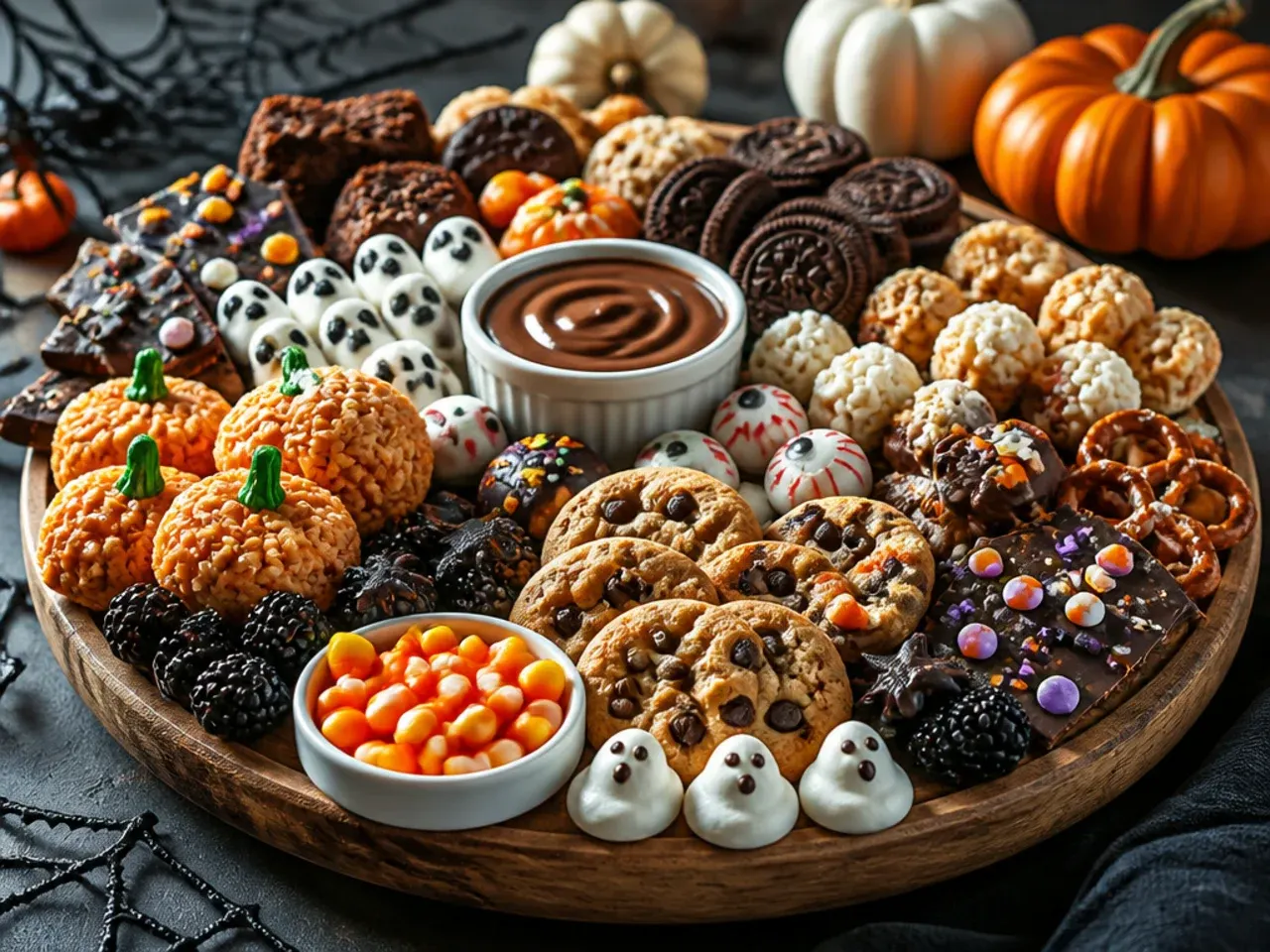 A wooden serving board dusted with cocoa powder, ready to be arranged with Halloween sweets