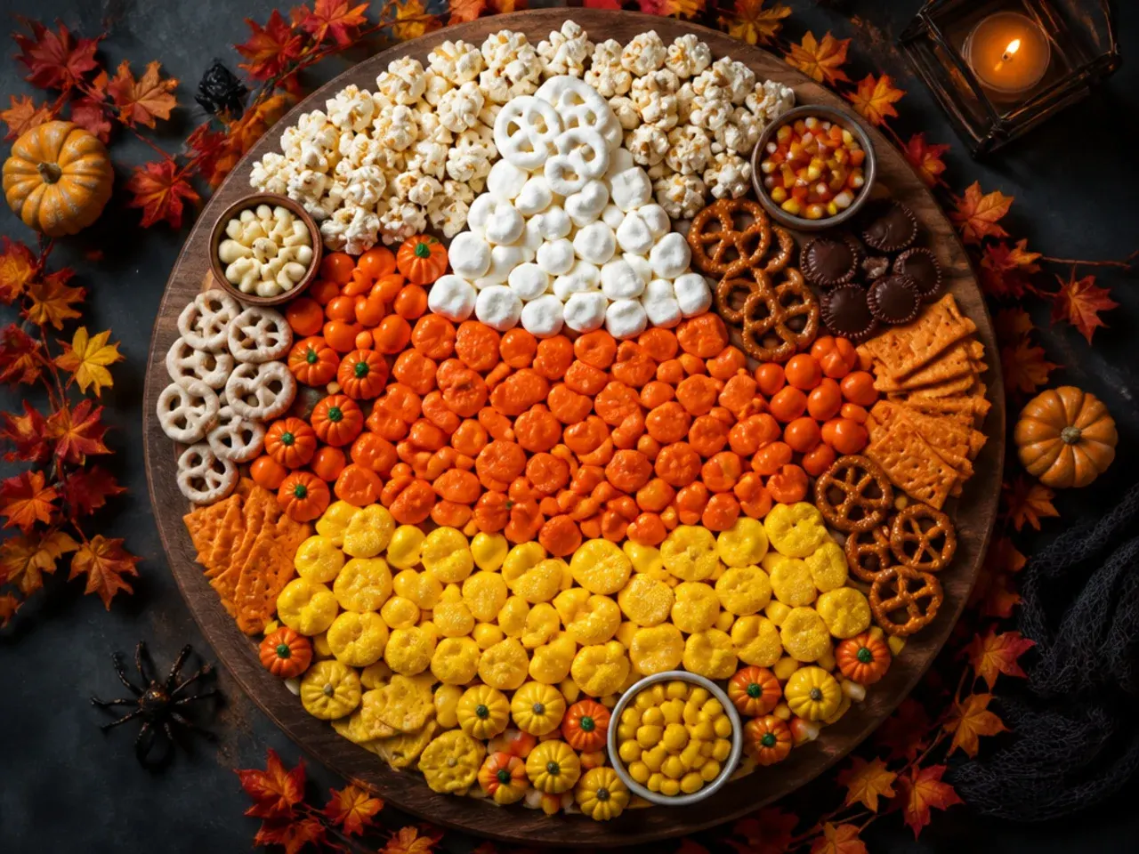 A board arranged with candy corn in a small bowl, orange and black M&Ms and caramel apple wedges