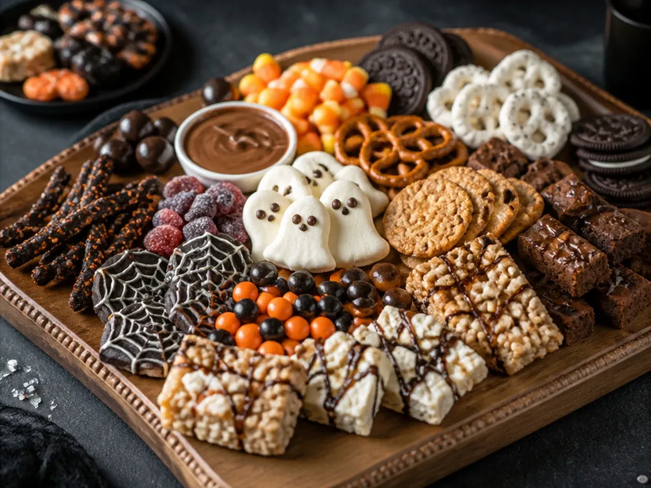 A quickly assembled board of packaged mini donuts, pretzel rods, chocolate pieces and a tub of caramel dip
