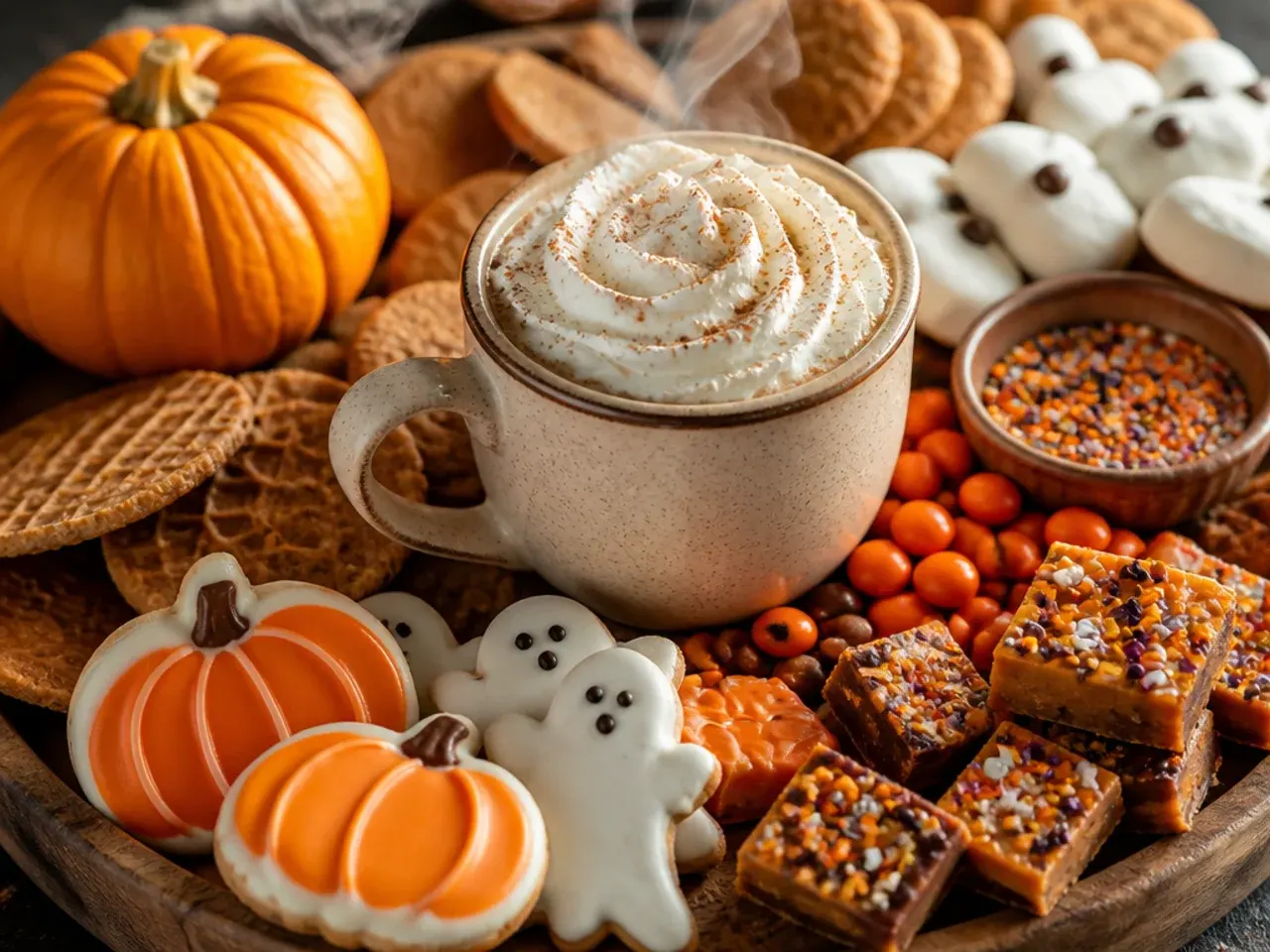 A board of pumpkin spice cookies, cinnamon pretzels and roasted spiced pecans with a bowl of warm caramel dip