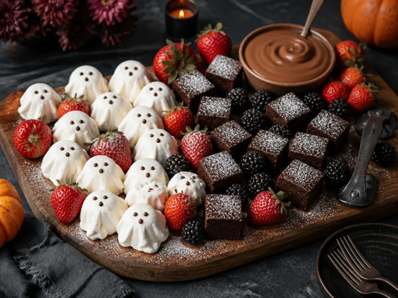 A simple board of chocolate pretzels, candy corn and clementines styled as tiny pumpkins with celery stems
