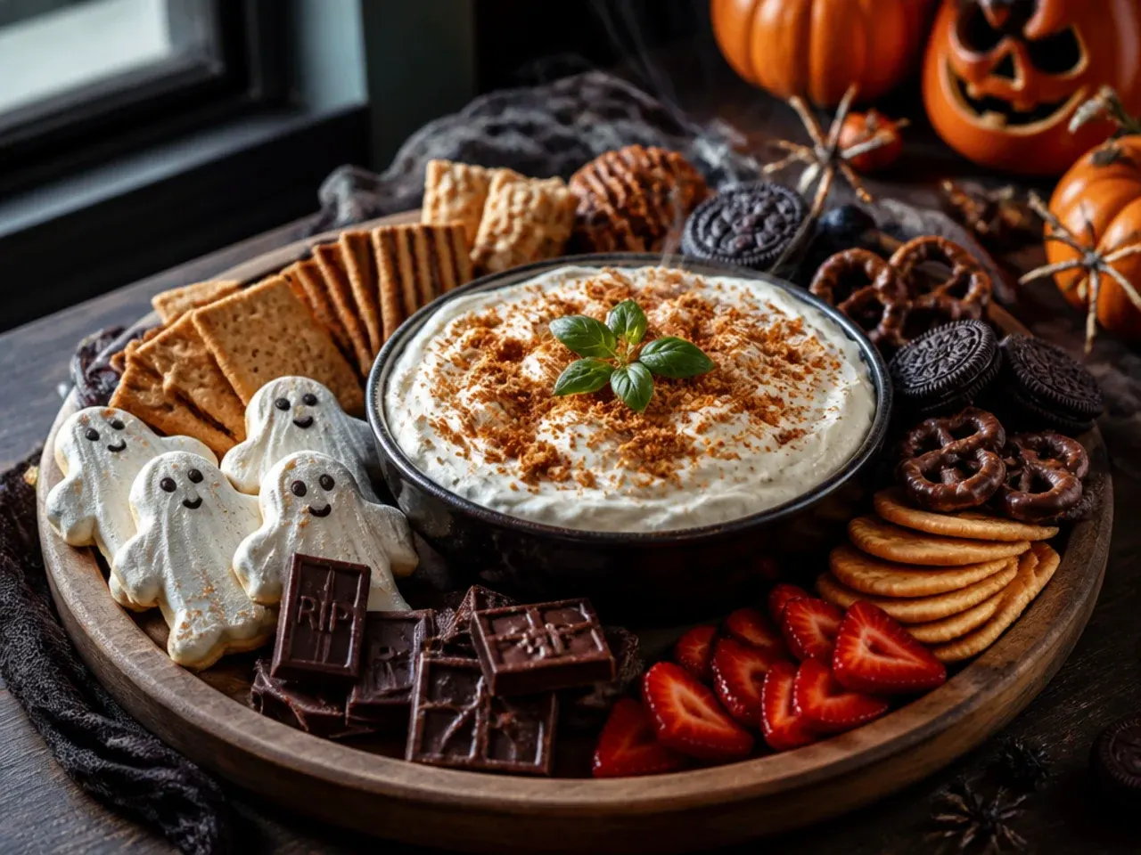 Three small bowls of caramel, chocolate ganache and orange cream cheese dip surrounded by their dippers