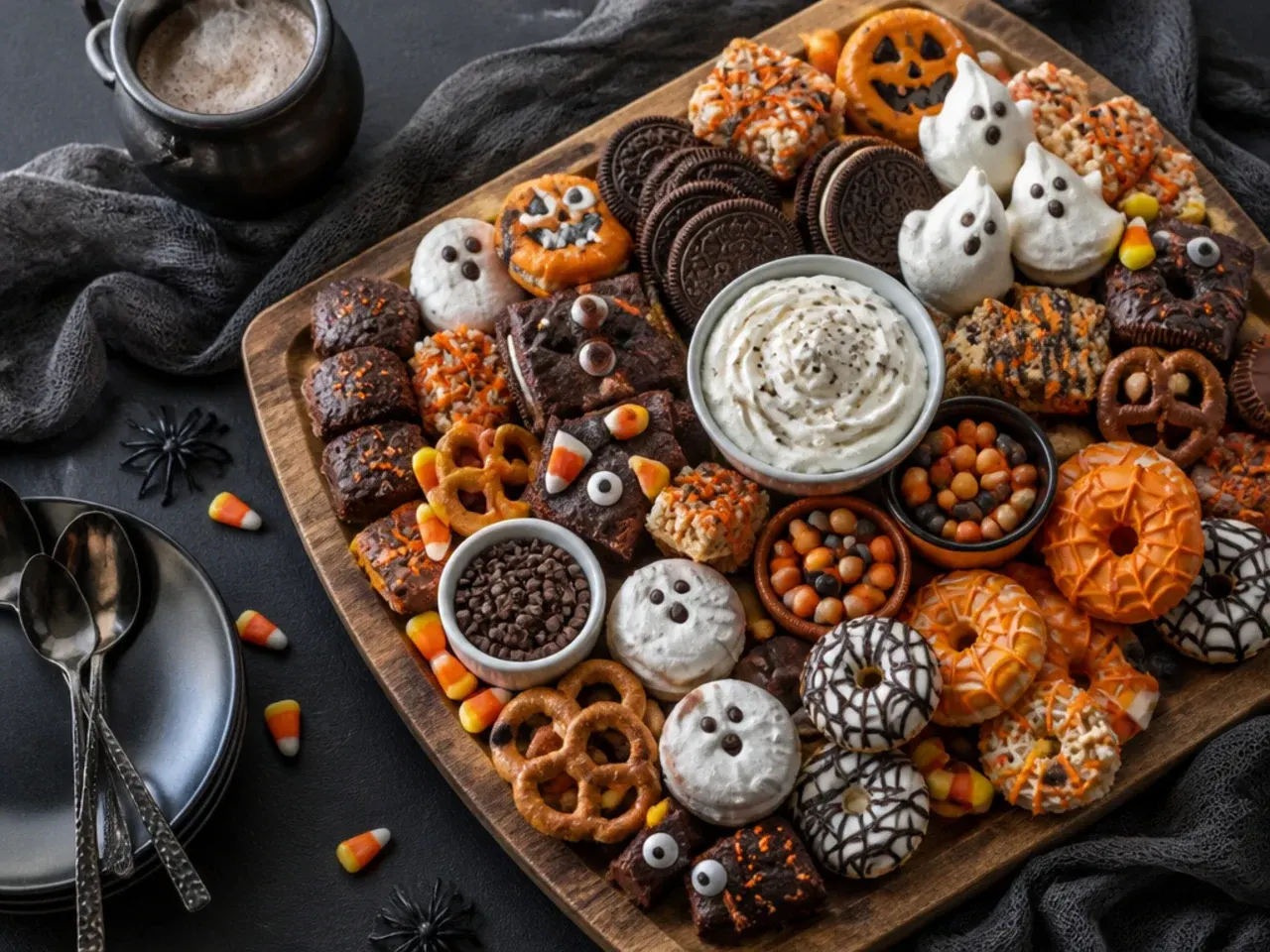 A large, densely packed board covered edge to edge with an assortment of Halloween sweets and dips
