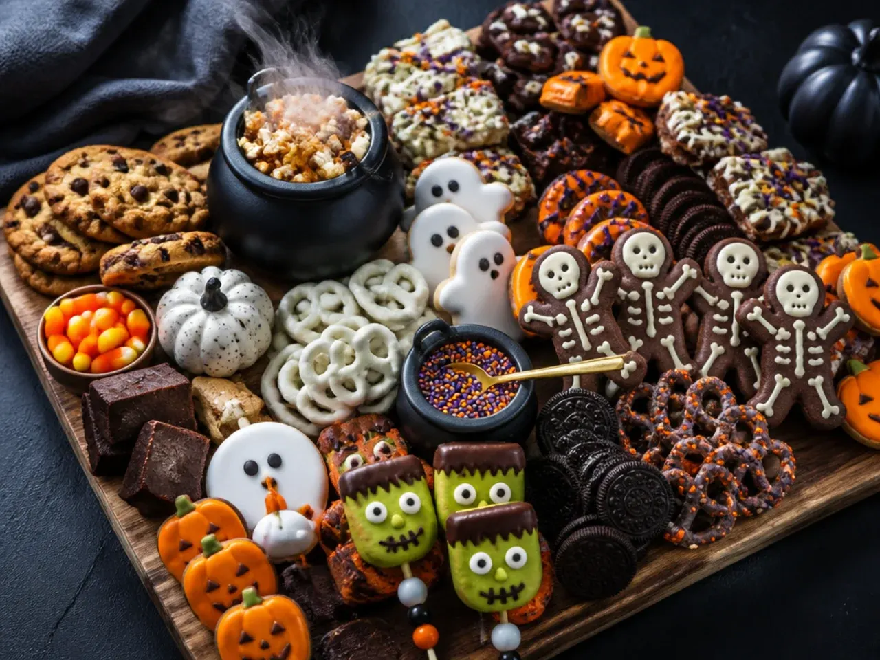 A beautifully arranged board with a white chocolate spiderweb drizzle over caramel apples and chocolate bark
