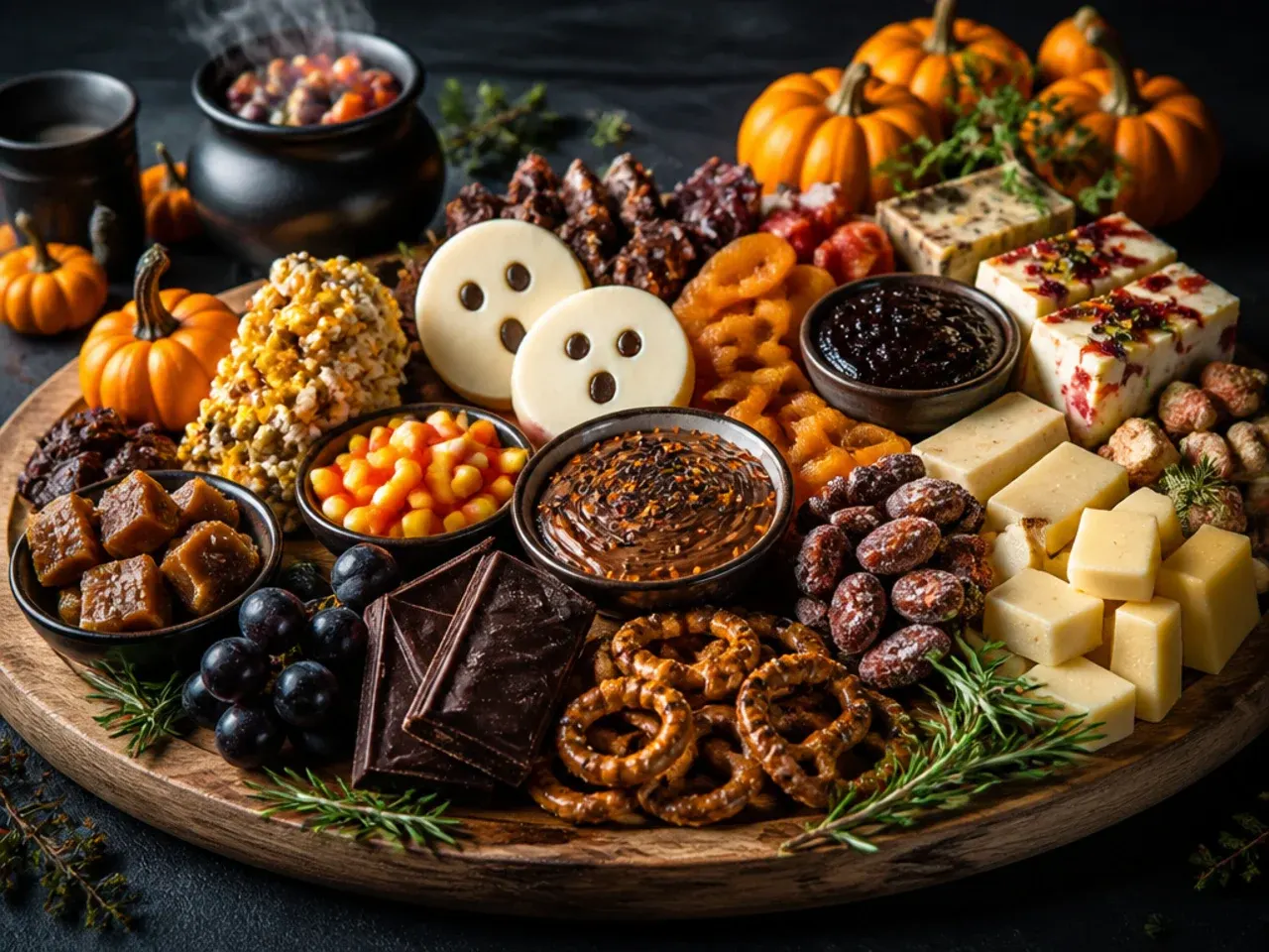 A wedge of honey-drizzled brie with black sesame seeds sitting alongside caramel apples and chocolate squares