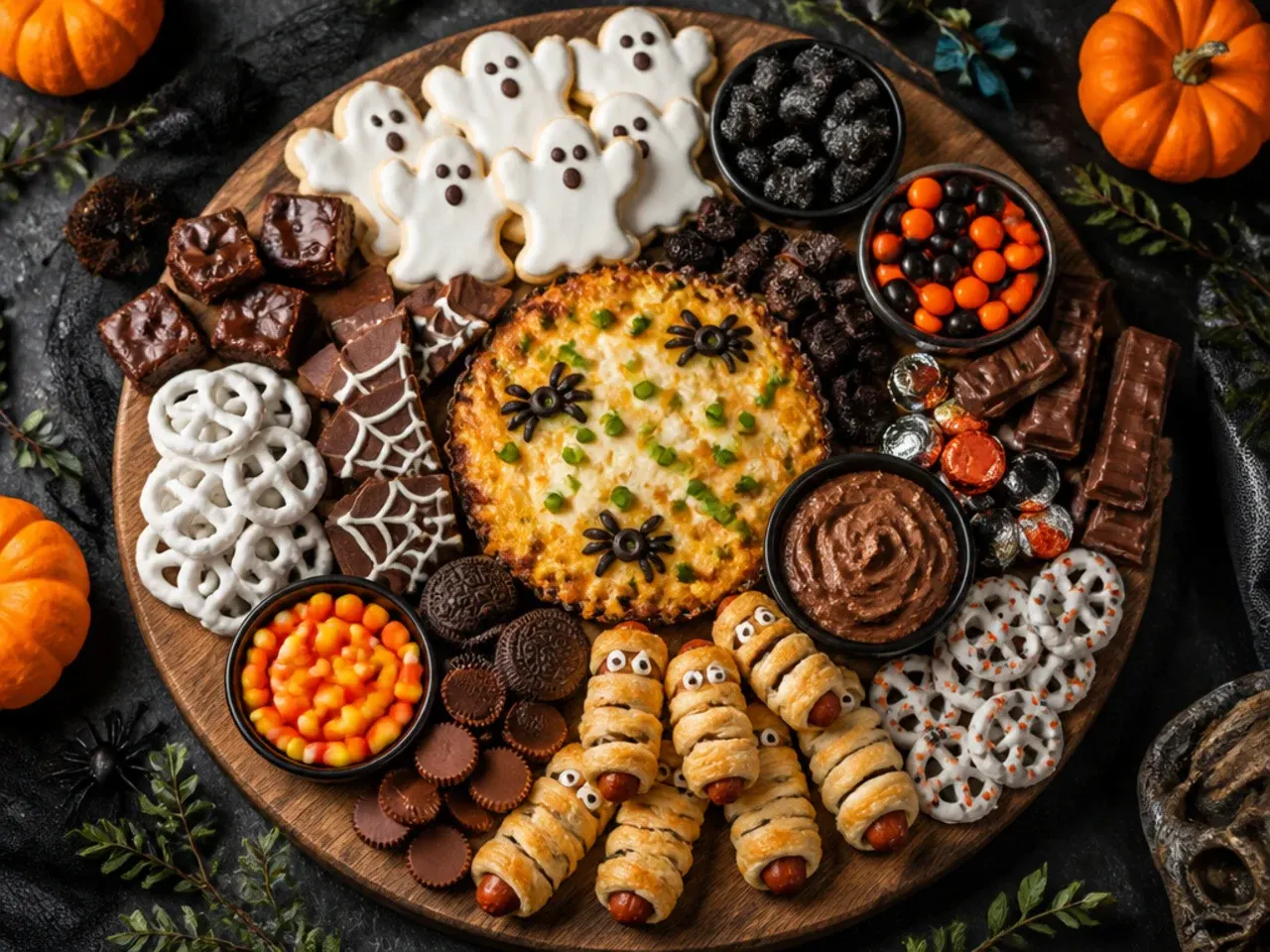An affordable board built from bagged mixed candy, chocolate biscuits and clementines in small bowls