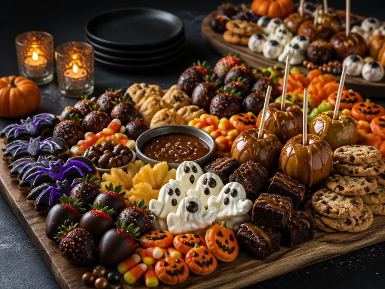 A colourful, kid-friendly board of mini chocolate bars, gummy worms, marshmallows and a chocolate dip bowl