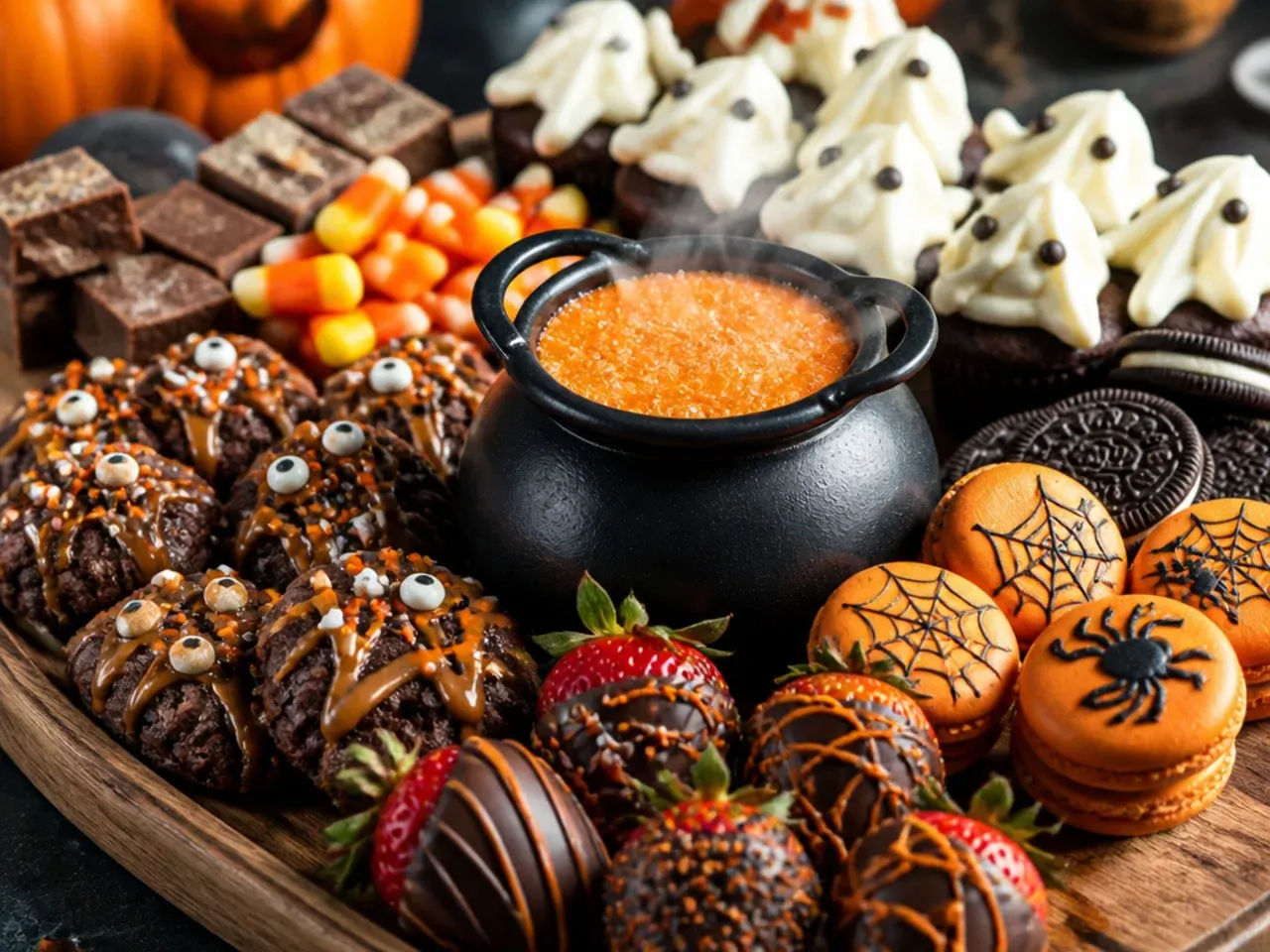 Containers of pre-portioned candy, bark and biscuits ready to be arranged onto a board