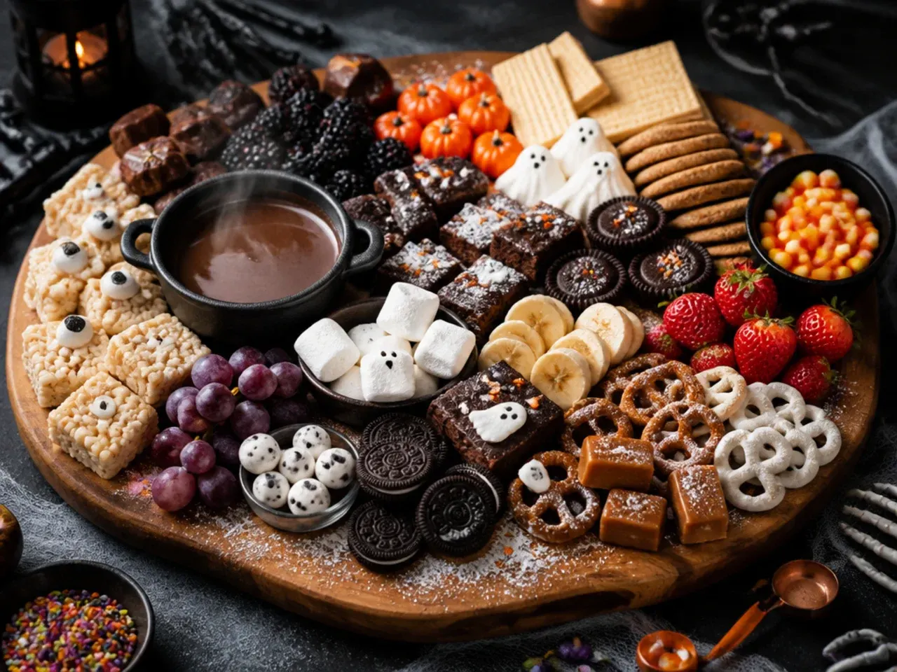 A family decorating station with plain biscuits, bowls of melted chocolate and trays of candy toppings