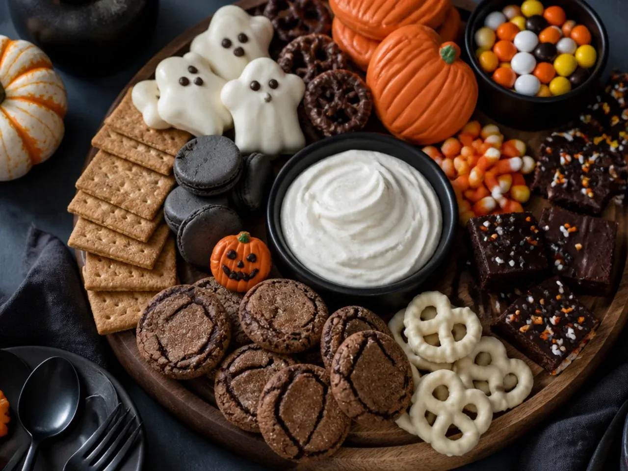 A minimally arranged board of candy, biscuits and grapes grouped loosely by colour