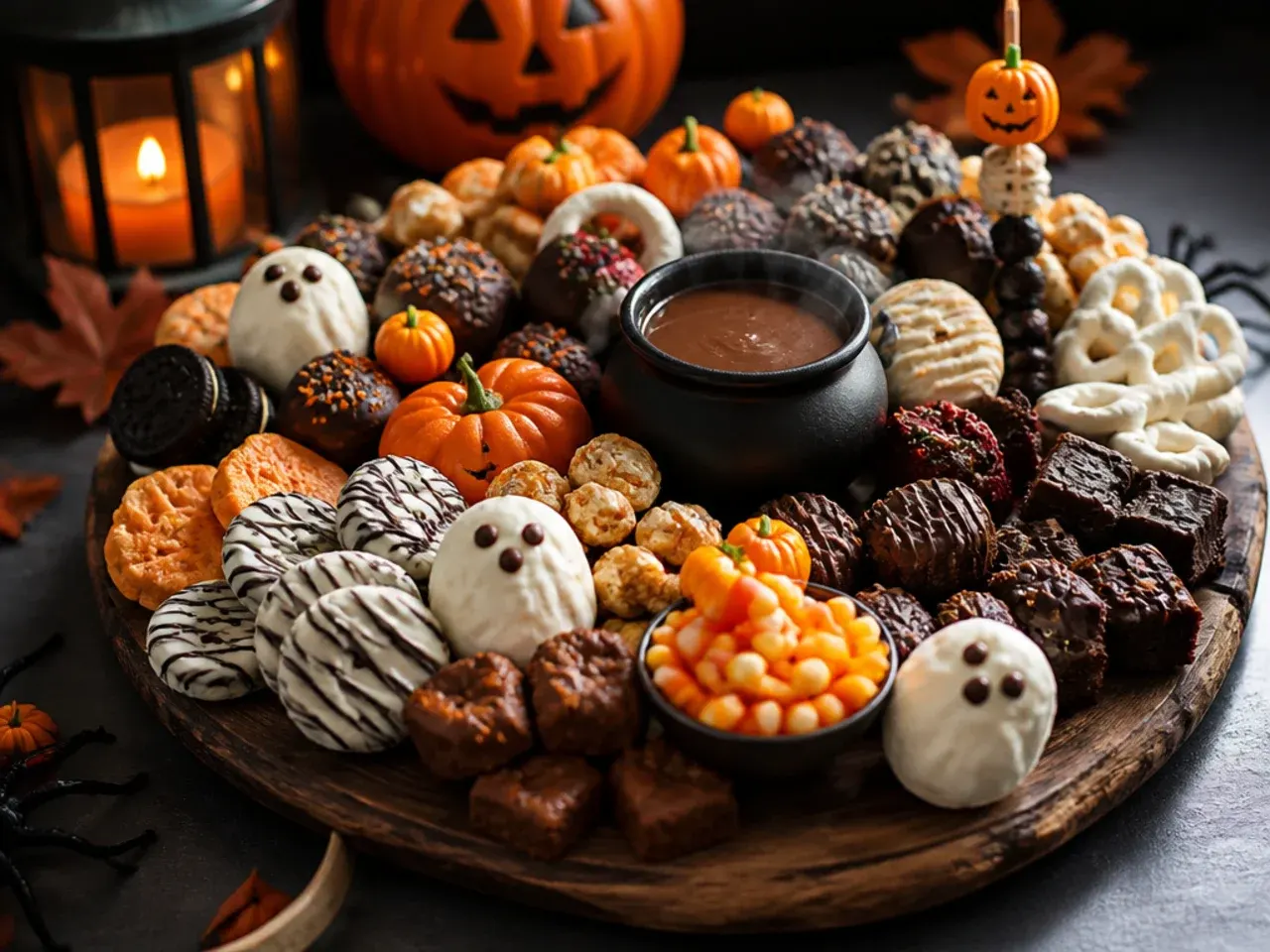 A fully homemade board of iced sugar cookies, chocolate bark and caramel apples rolled in crushed biscuits