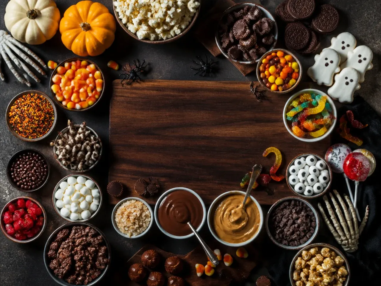 Hands arranging small bowls of dip onto a wooden board before adding the larger treats