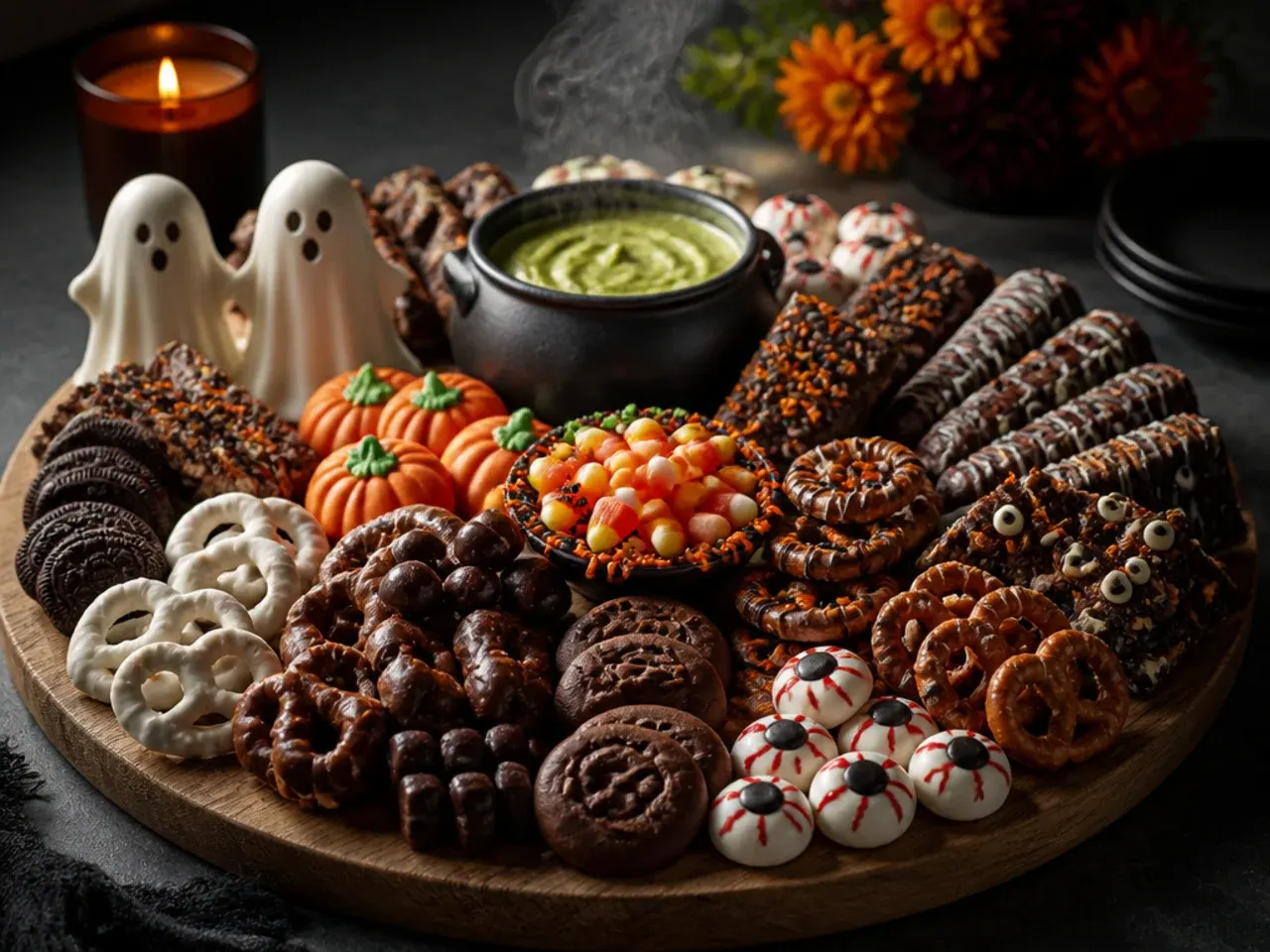 A finished Halloween dessert board set on a table with small tongs and cups of warm apple cider nearby