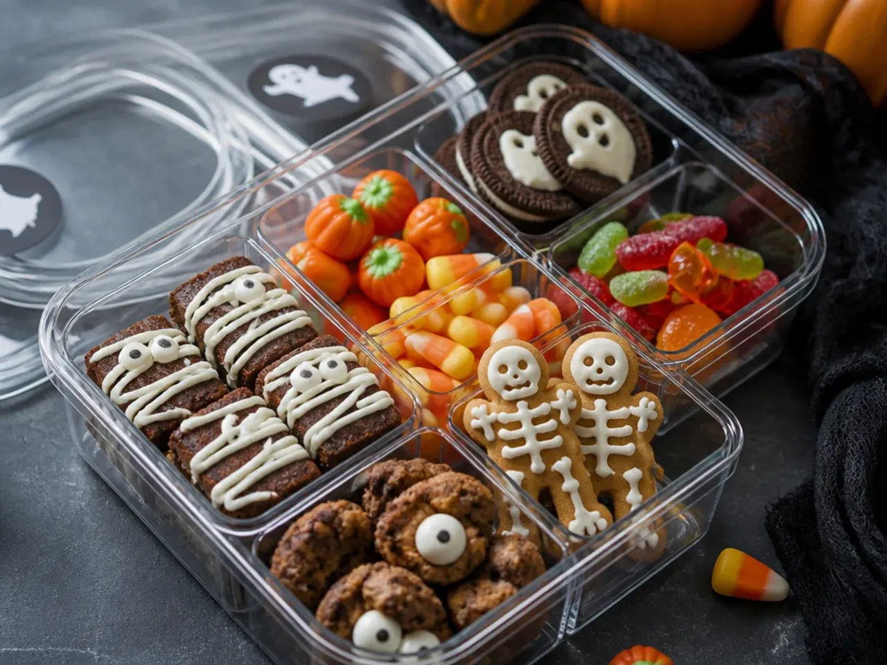 Leftover Halloween treats being packed into airtight containers for storage