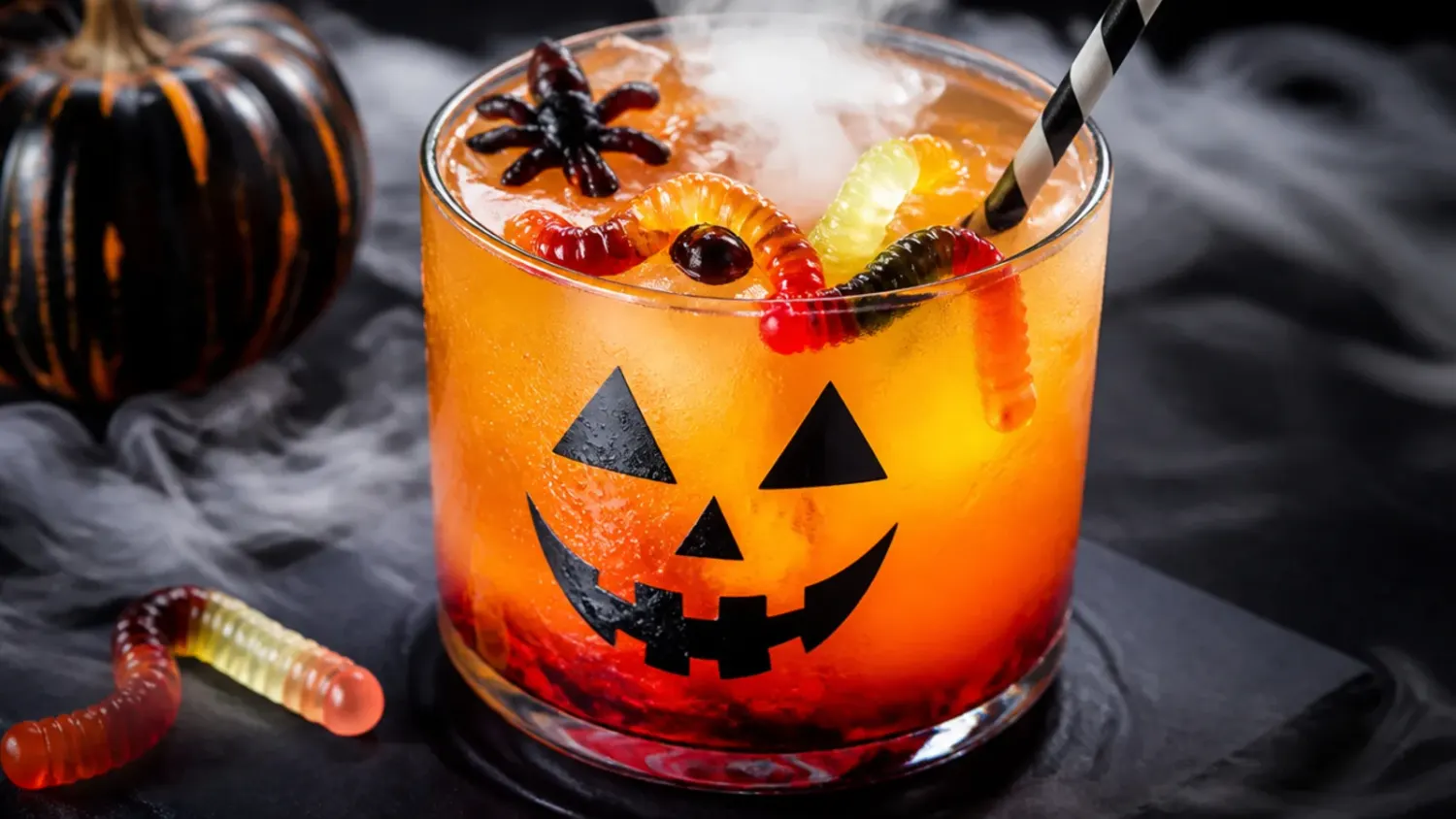 A glowing green Halloween witches' brew punch in a black cauldron bowl, smoking with dry ice and surrounded by smaller spooky cocktails on a dark table
