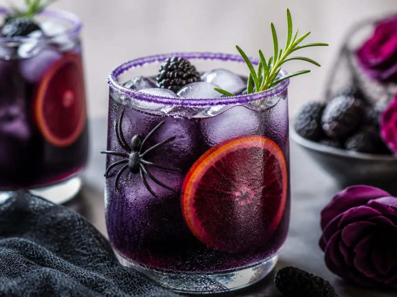 Overhead flat lay of colourful Halloween drinks in glasses with spooky garnishes on a black tablecloth