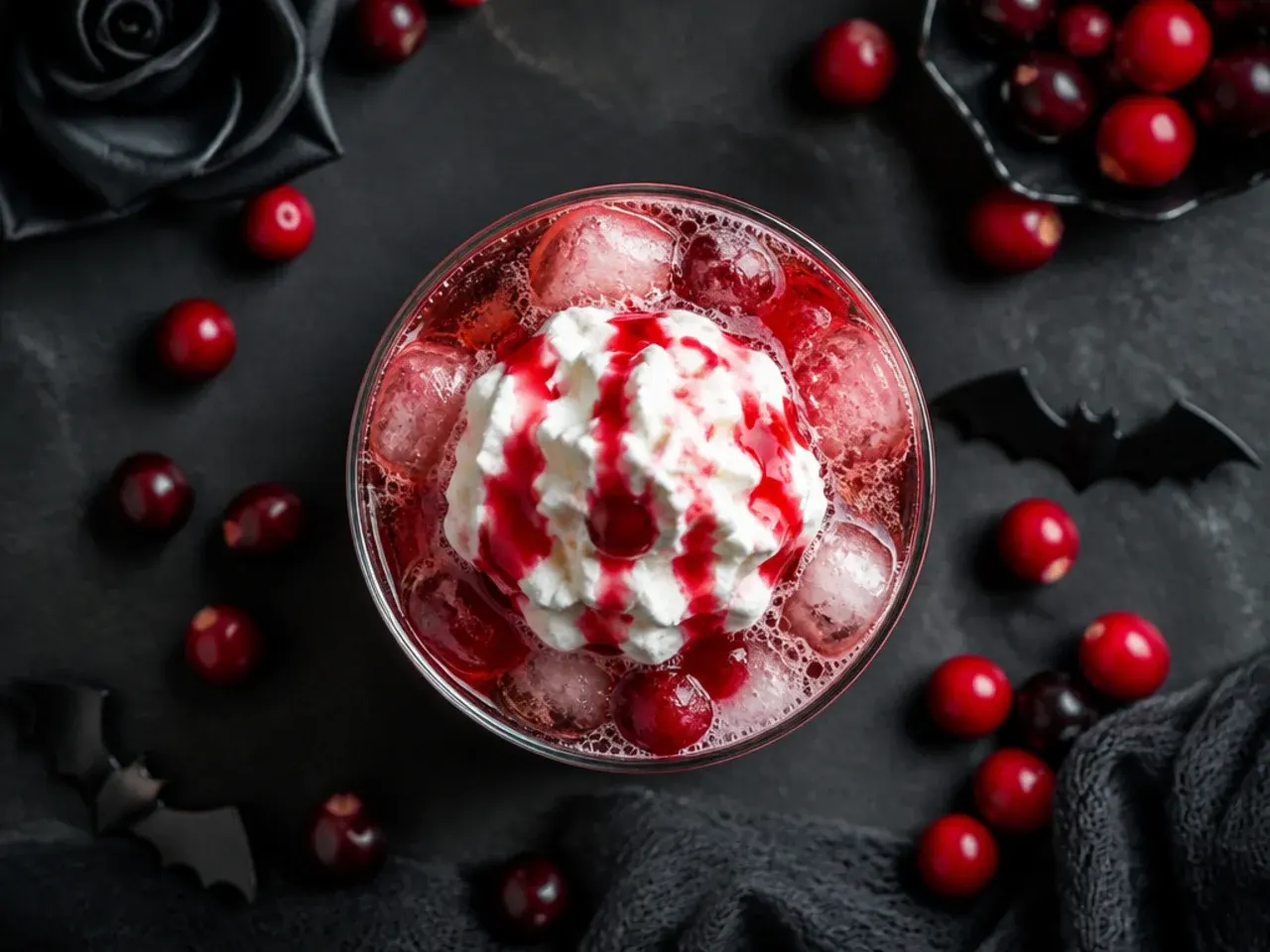 Tall glass of red cranberry tonic Halloween drink with blood-red ice cubes and a sugared rim