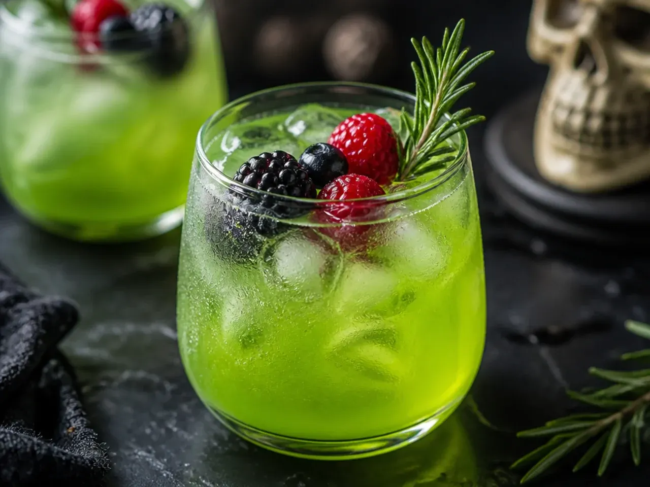 Glowing green witches' brew punch in a black cauldron bowl with dry ice fog