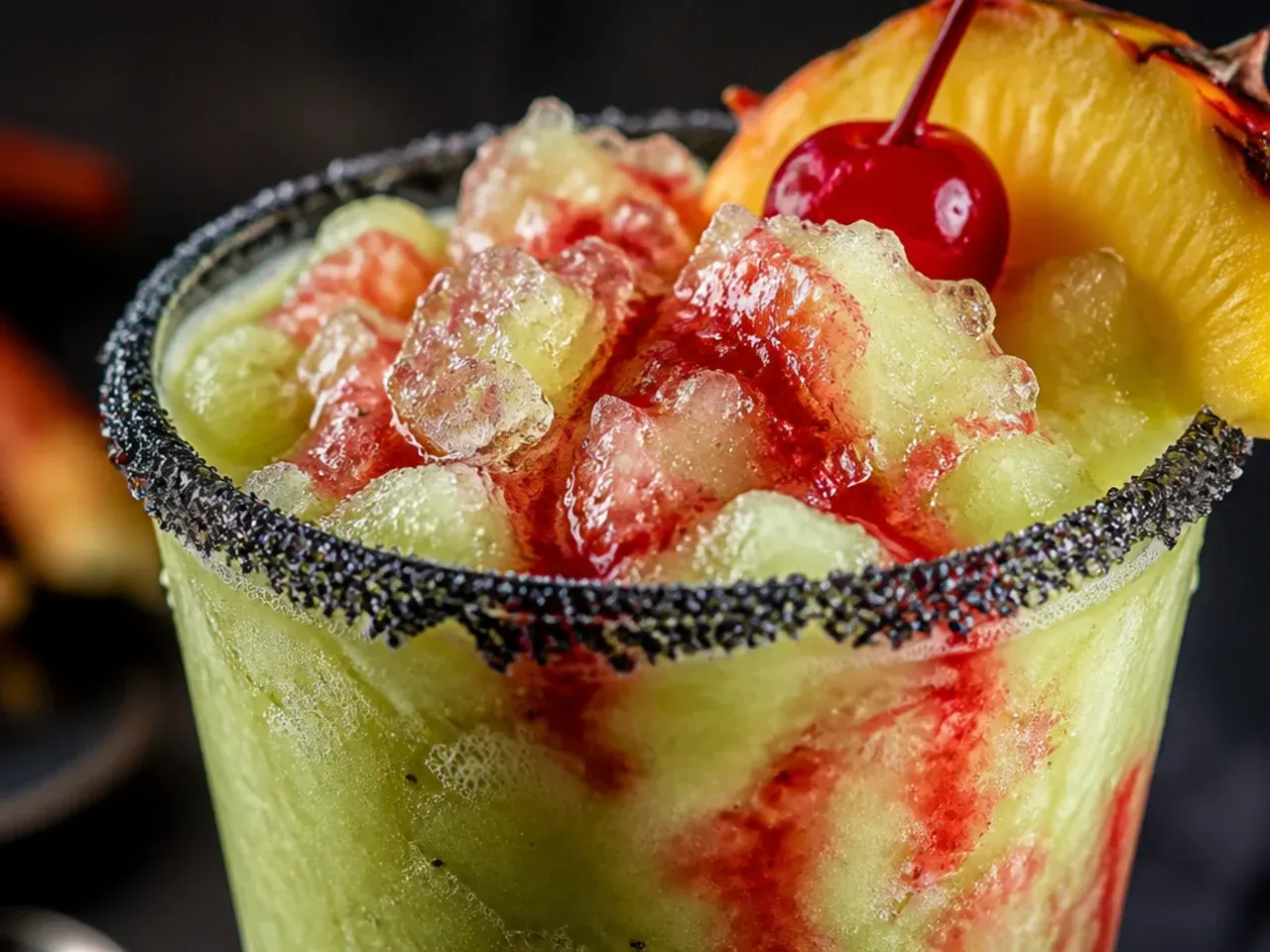 Green swirled zombie frappuccino in a clear plastic cup topped with whipped cream and a candy eyeball