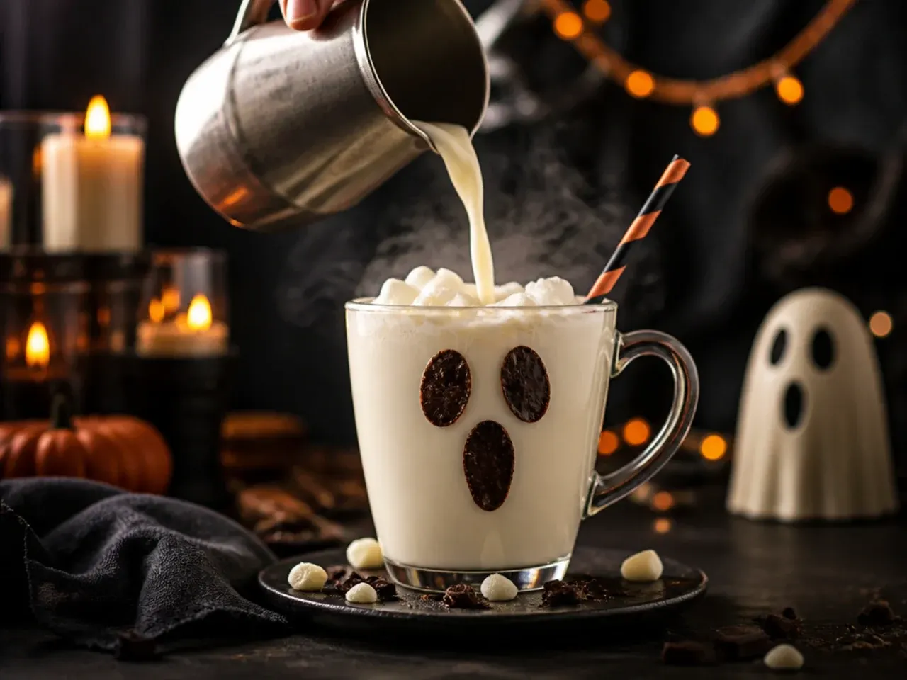 White hot chocolate in a clear mug topped with a marshmallow fluff ghost shape and chocolate chip eyes