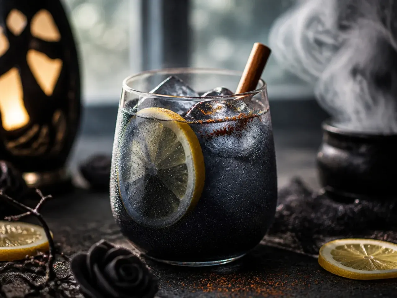 Jet-black charcoal lemonade in a mason jar with a lemon wheel garnish and black and white striped straw