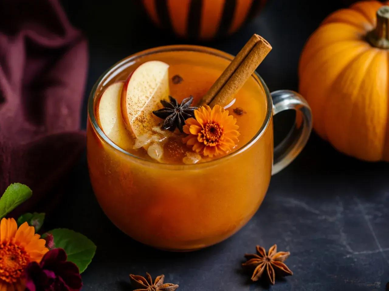 Steaming mug of spiced pumpkin cider with a cinnamon stick garnish on an autumn table