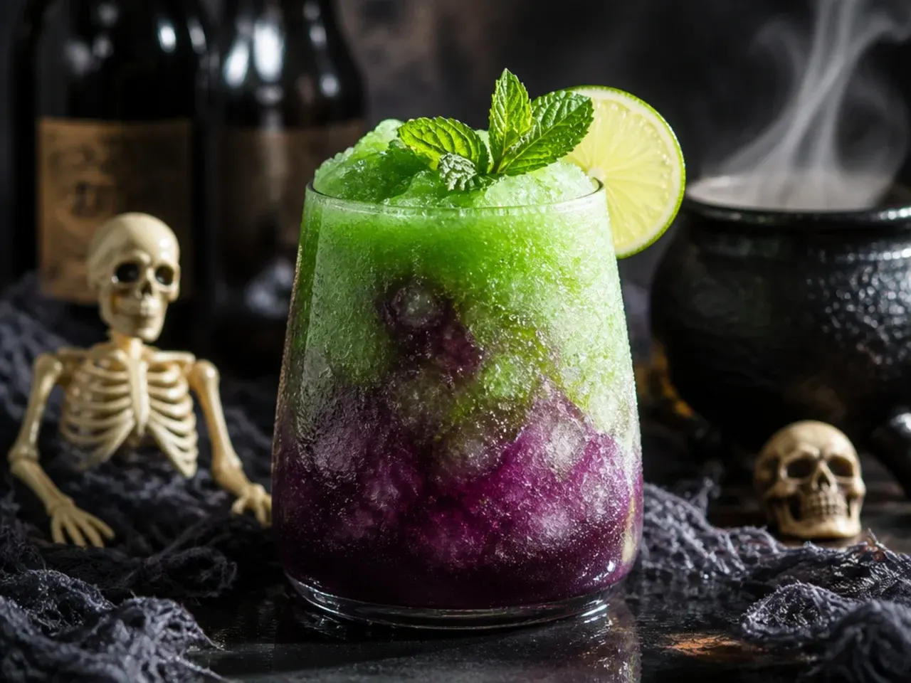 Purple-blue frozen monster mash slushie in a glass with gummy worms hanging over the rim