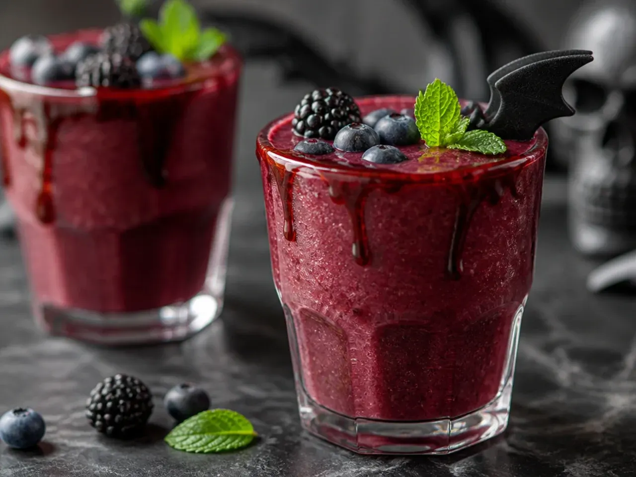 Deep red-purple bat's blood berry smoothie in a glass with a dripping effect down the sides