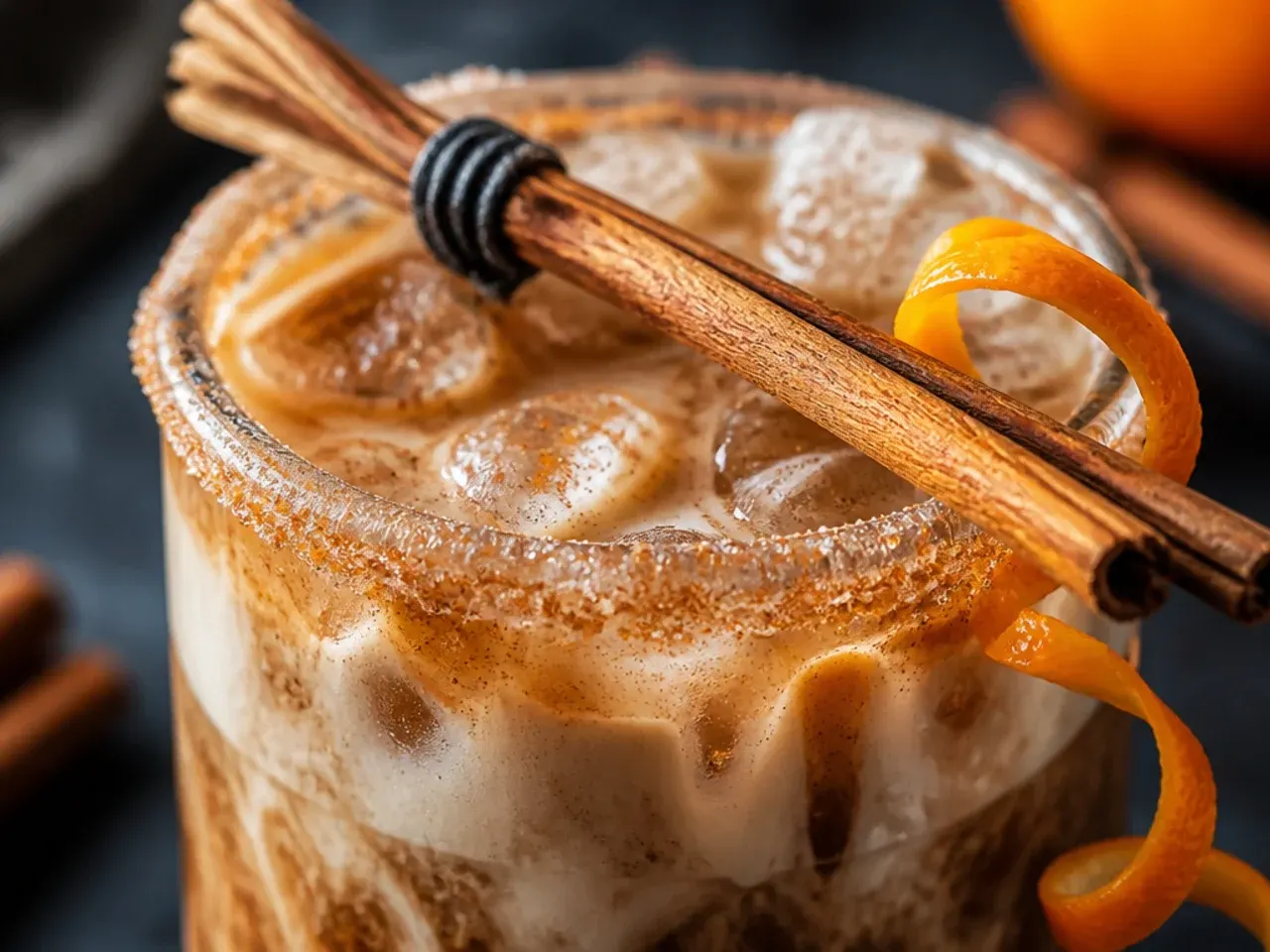 Spiced chai latte in a mug with a cinnamon stick broomstick garnish tied with dried orange peel bristles