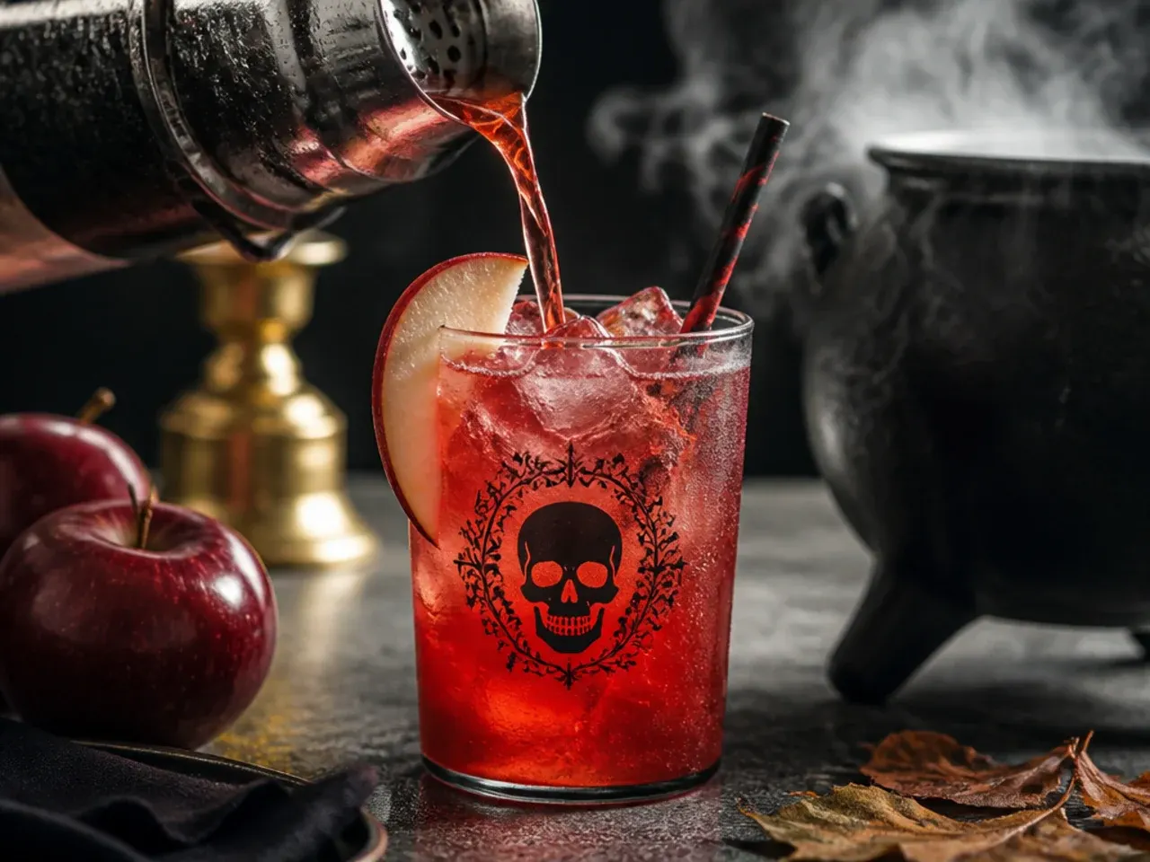 Sparkling green poison apple mocktail with an apple slice garnish and a plastic spider on the glass rim