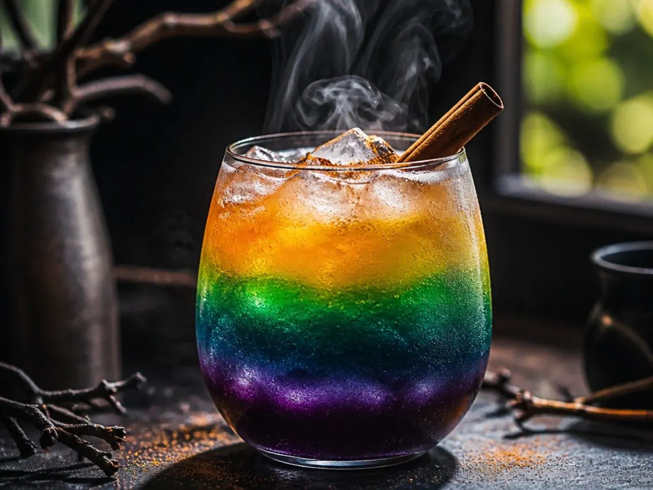 Tall glass with three distinct red, yellow, and blue layered potion drink layers