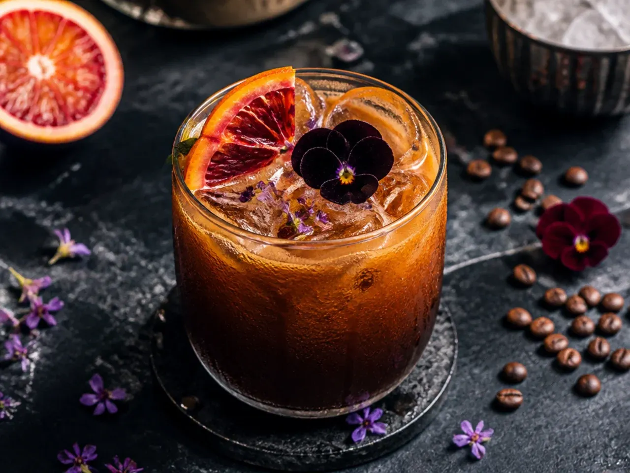 Black espresso tonic cooler in a glass with ice, garnished with coffee beans
