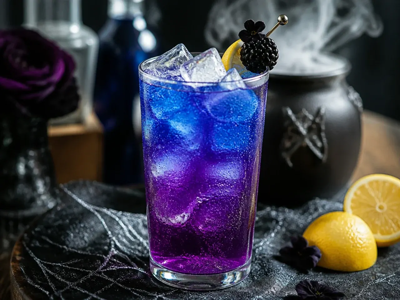 Blue butterfly pea flower lemonade turning purple and pink as lemon juice is poured in