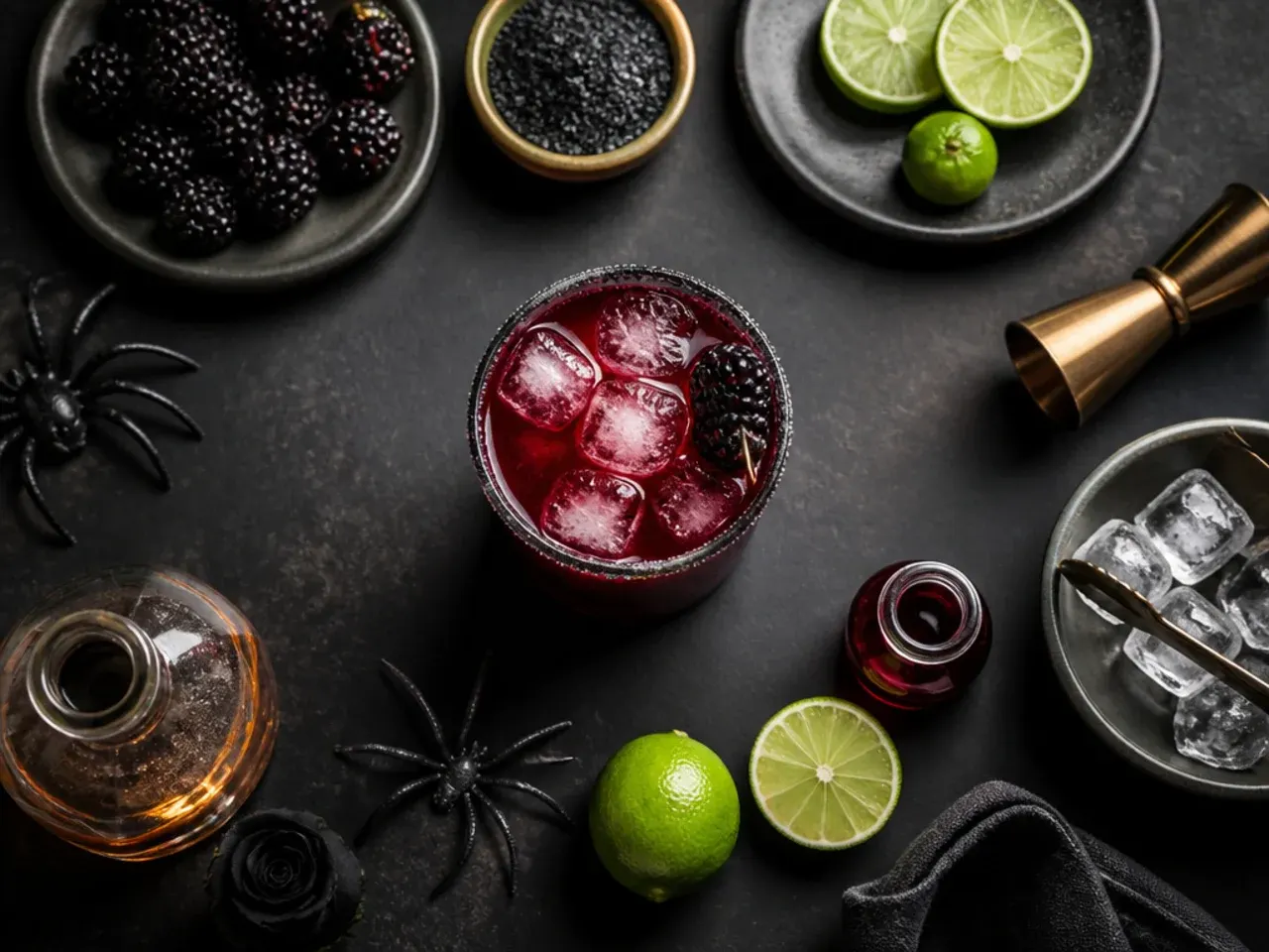 Close-up of hands carefully layering a colourful Halloween drink using the back of a spoon