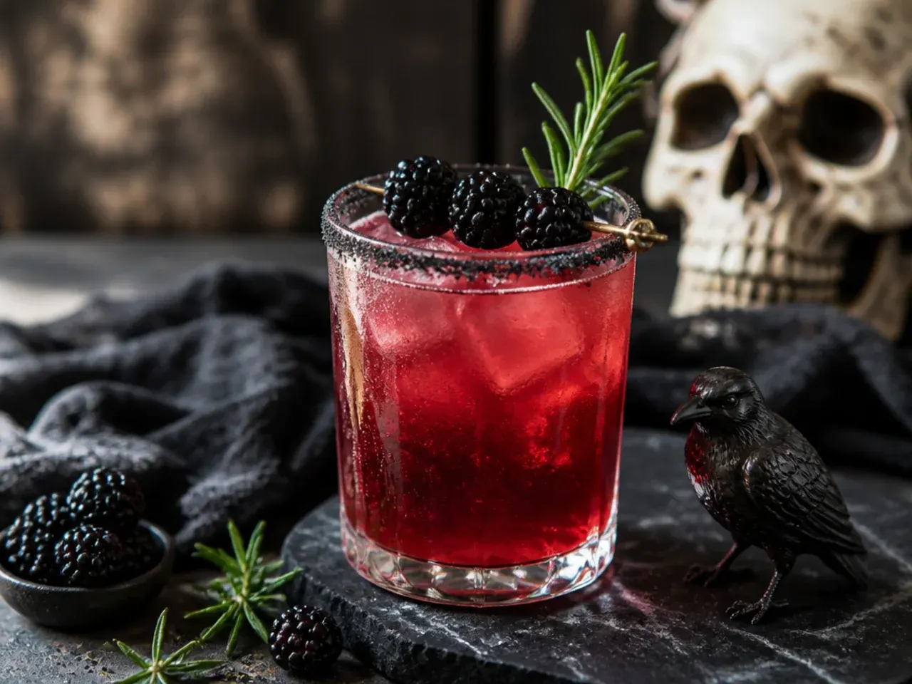 Halloween party drinks table with dry ice fog, candy eyeball garnishes, and dark tablecloth styling