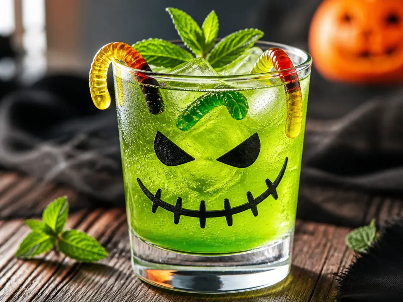 Overhead view of ingredients for halloween drinks for kids including juice, soda and sherbet on a kitchen counter