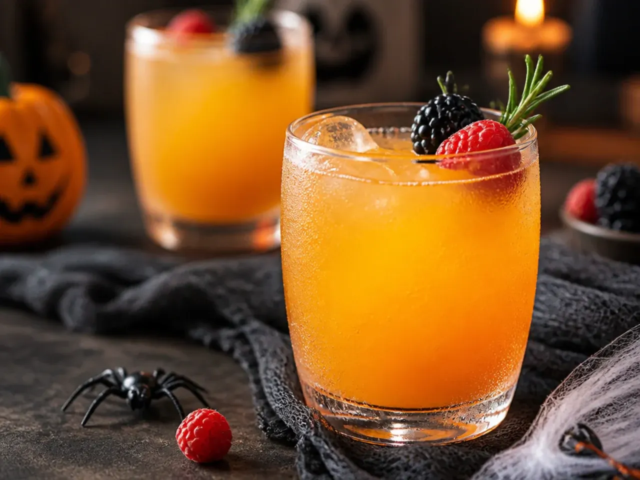 Two-tone orange fizz drink with sherbet swirl for halloween drinks for kids in a clear plastic cup