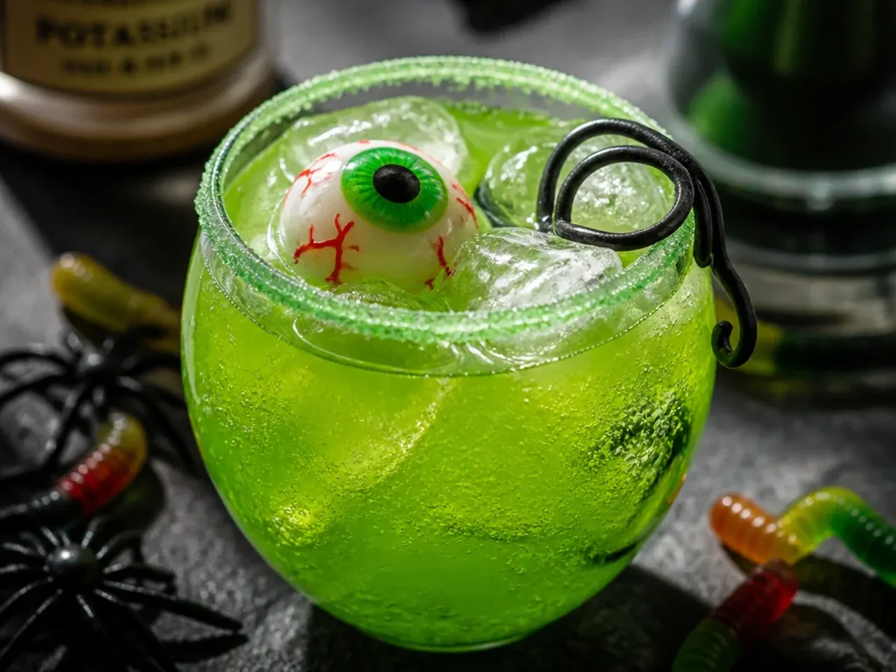 Neon green slime-style halloween punch with jelly cubes served from a punch bowl