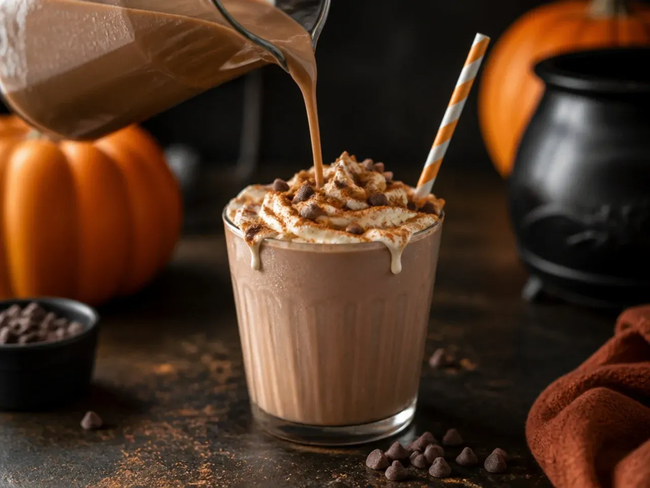 Mug of creamy pumpkin spice hot chocolate topped with whipped cream for halloween drinks for kids