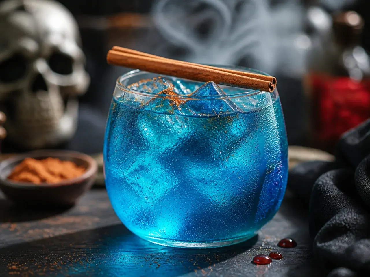 Bright blue raspberry lemonade in a glass with frozen raspberries for halloween drinks for kids