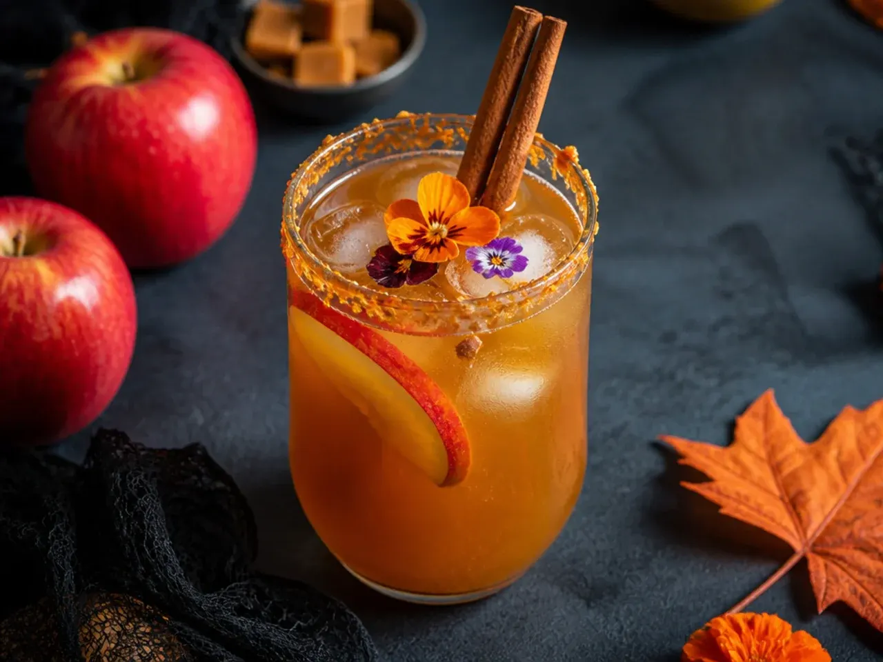 Warm caramel apple cider in a mug with a cinnamon stick garnish for halloween drinks for kids
