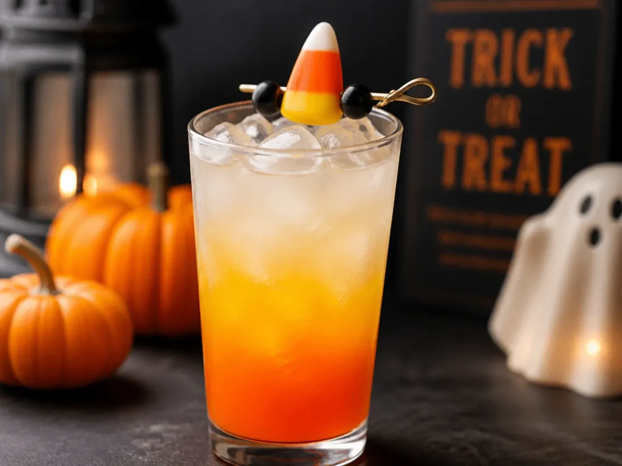 Layered candy corn striped juice drink in a tall glass for halloween drinks for kids