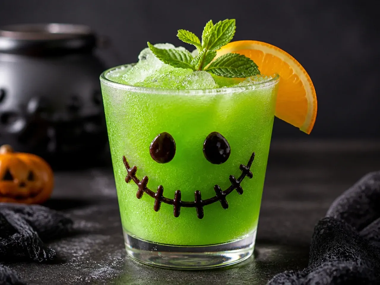 Purple frozen berry slushie in a cup with a spider ring garnish for halloween drinks for kids