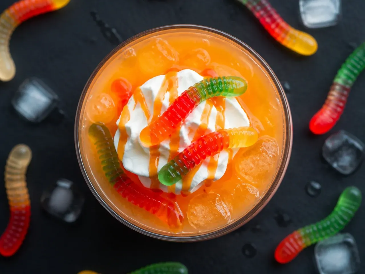 Fruit punch pitcher with gummy worms floating for halloween drinks for kids