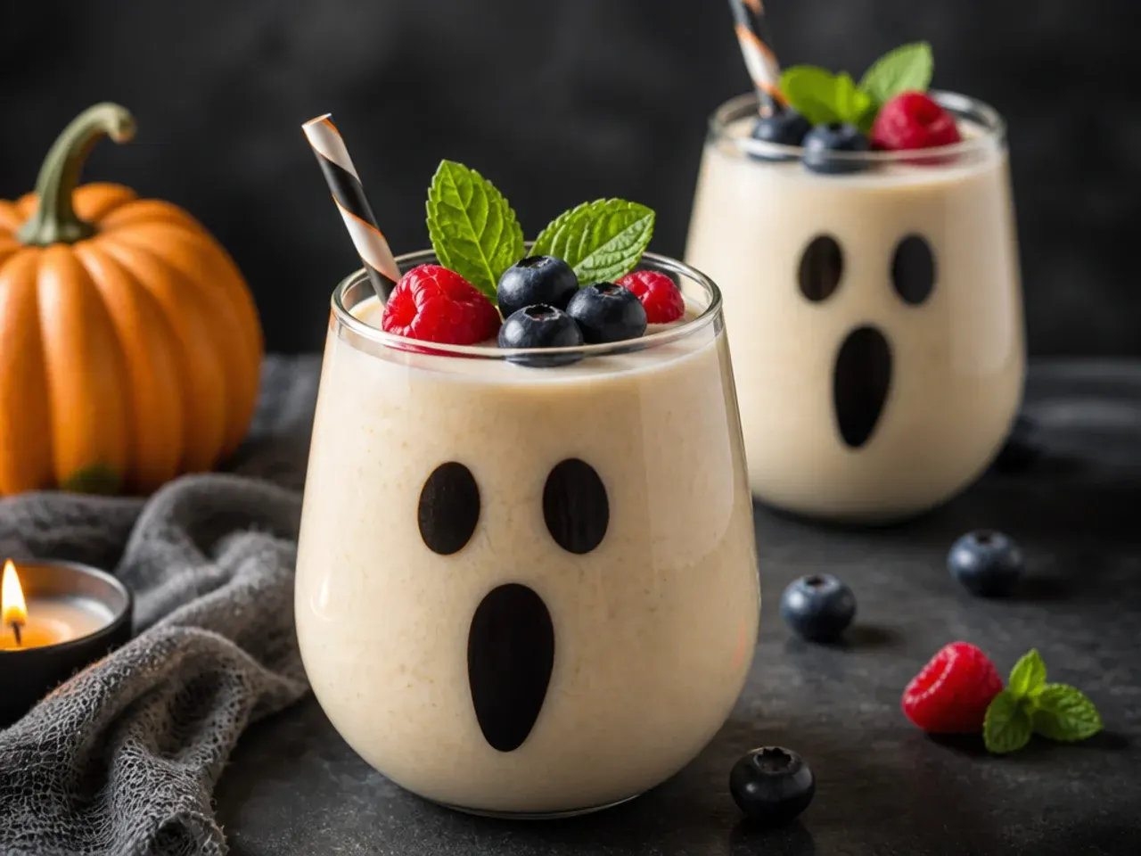 White ghost-face smoothie in a glass for halloween drinks for kids