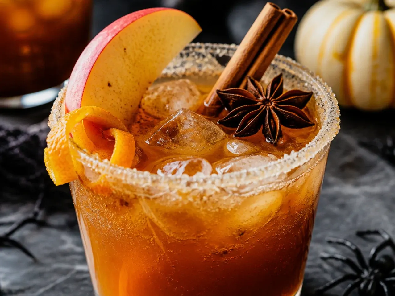 Warm spiced mulled apple juice in a glass mug with cinnamon stick for halloween drinks for kids